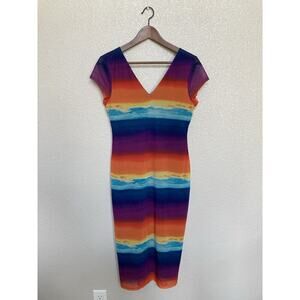 NWT Bold Elements sheer mesh multicolor midi dress size S cap sleeve vneck vacay